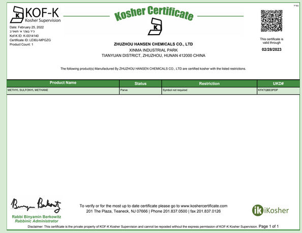 China Zhuzhou Hansen Chemicals Co.,Ltd zertifizierungen