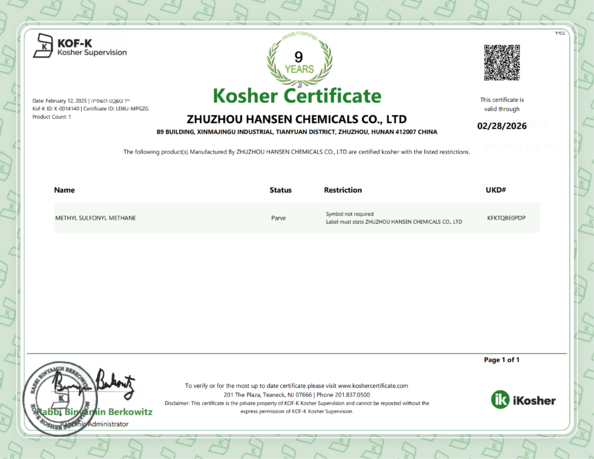 China Zhuzhou Hansen Chemicals Co.,Ltd zertifizierungen